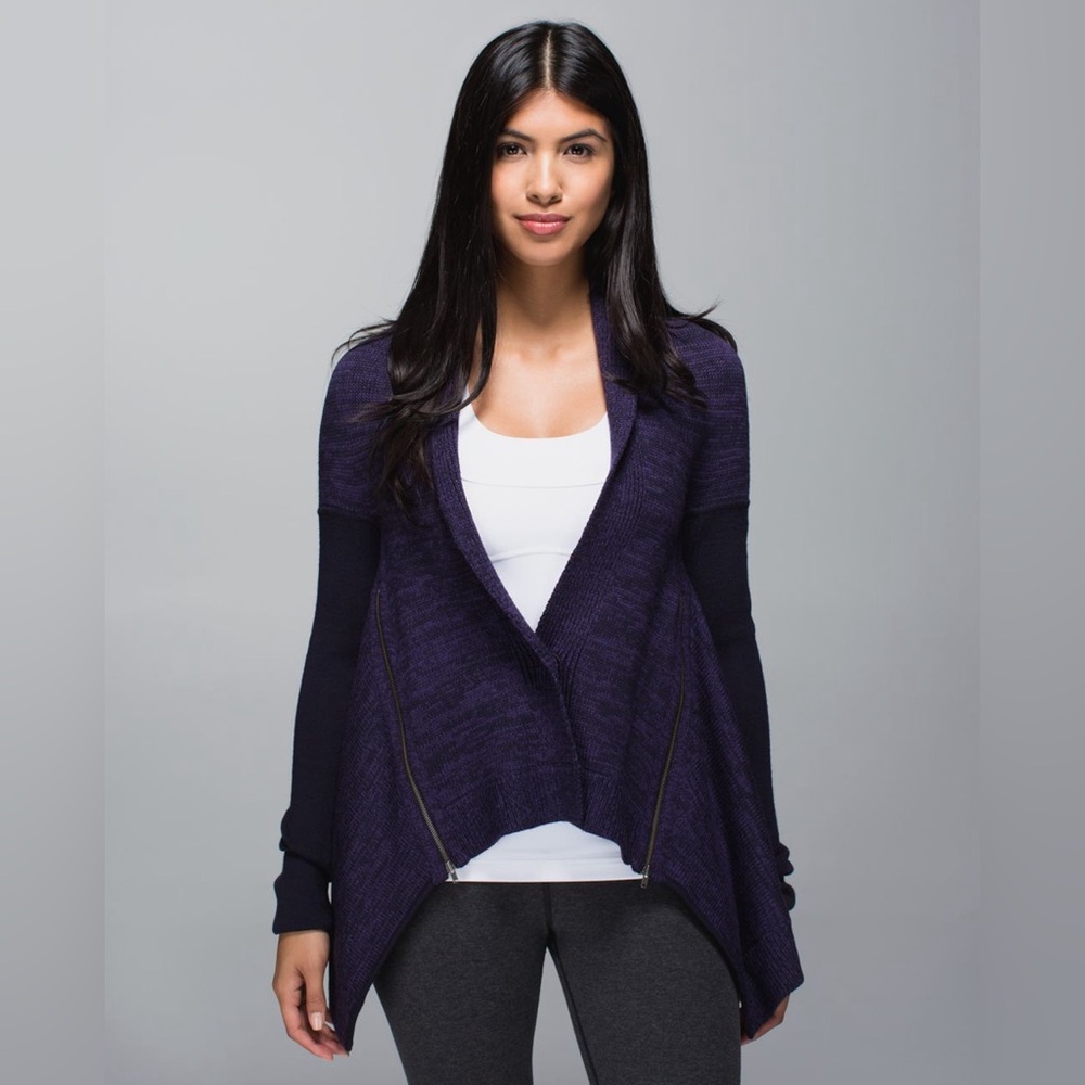 Lululemon 100% Merino Wool Purple Wrap it Up Elbow Patch Drape Cardigan M